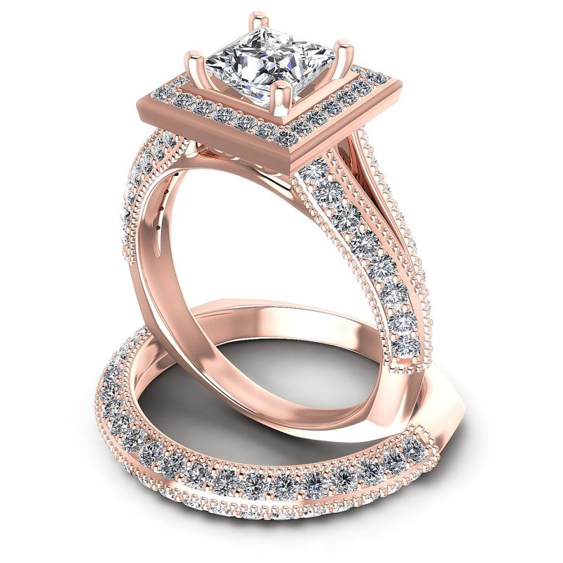 Round And Princess Cut Diamonds Bridal Set in 18KT Rose Gold