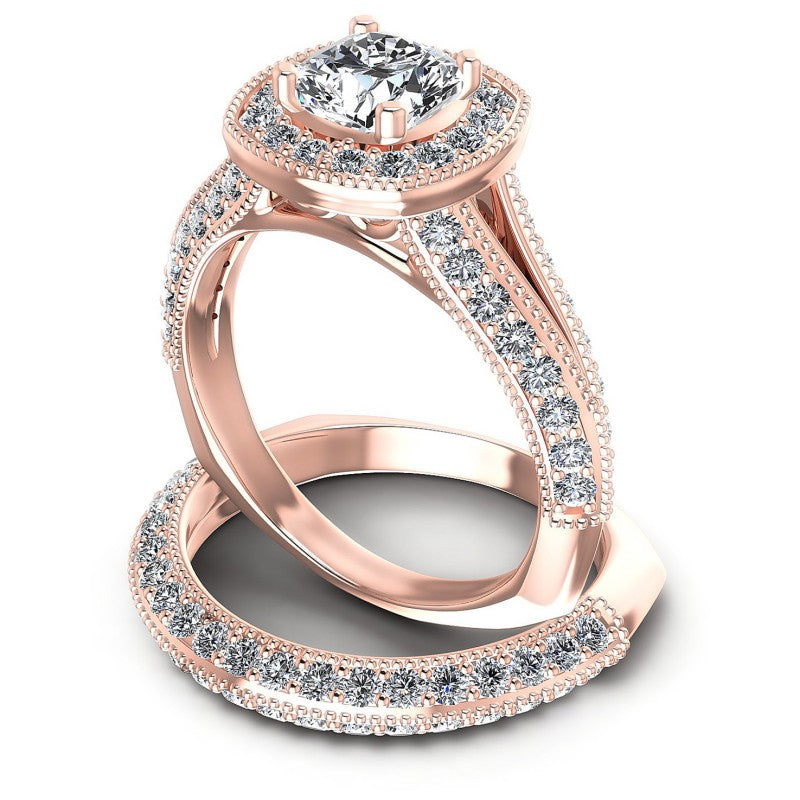 Round And Cushion Cut Diamonds Bridal Set in 18KT Rose Gold