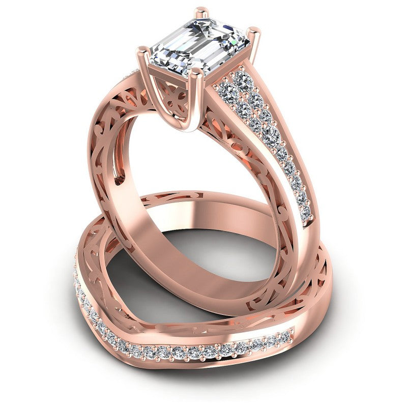 Round And Emerald Cut Diamonds Bridal Set in 18KT Rose Gold
