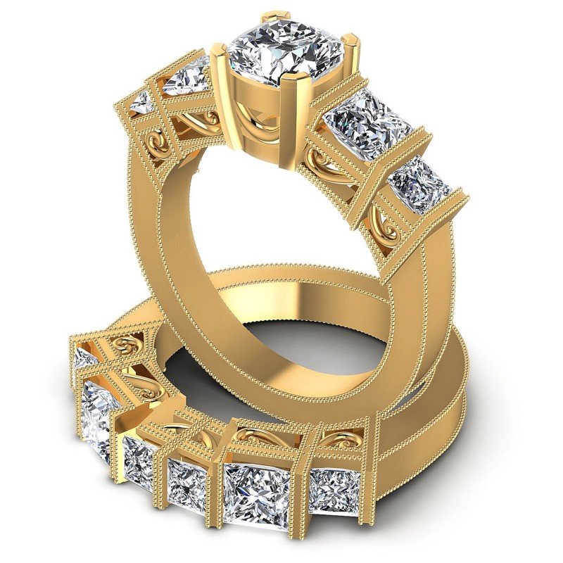 Princess And Cushion Cut Diamonds Bridal Set in 14KT Rose Gold