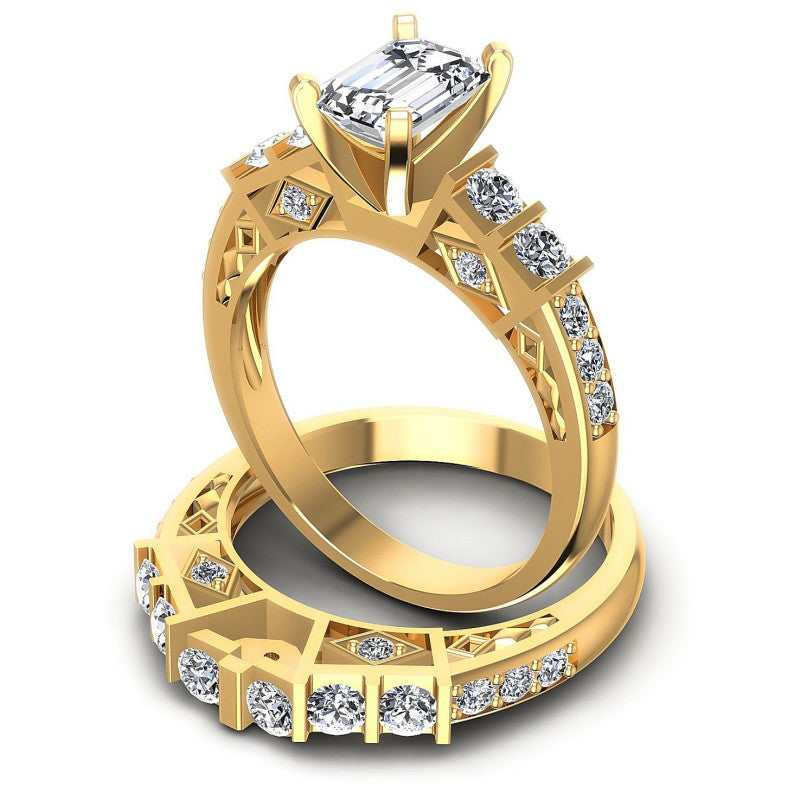 Round And Emerald Cut Diamonds Bridal Set in 14KT Rose Gold