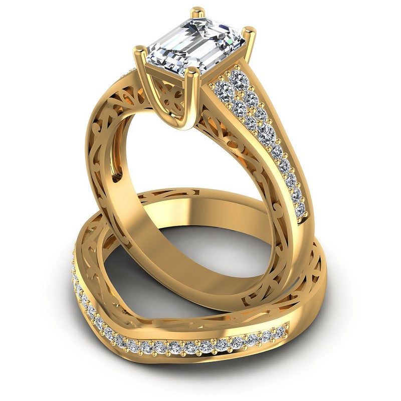 Round And Emerald Cut Diamonds Bridal Set in 14KT Rose Gold
