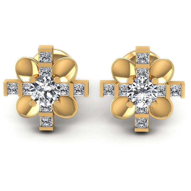 Princess and Round Diamonds 1.00CT Designer Studs Earring in 14KT White Gold