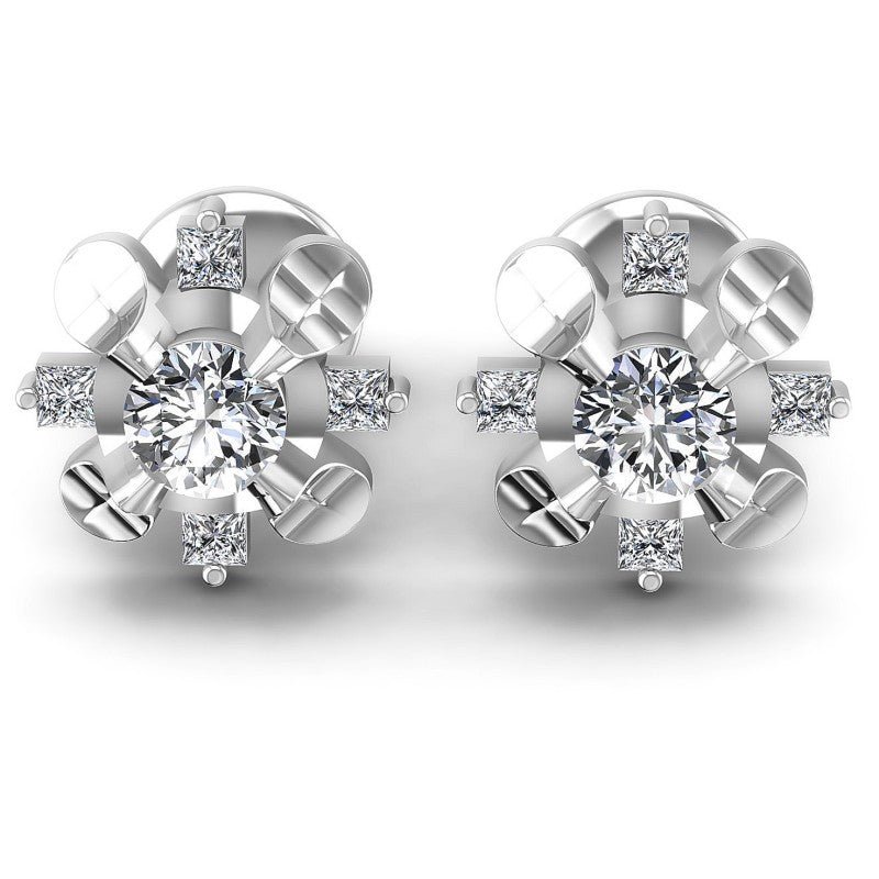 Princess and Round Diamonds 0.35CT Designer Studs Earring in 14KT White Gold