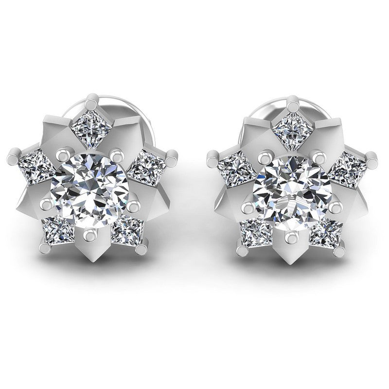 Princess and Round Diamonds 0.75CT Designer Studs Earring in 14KT White Gold