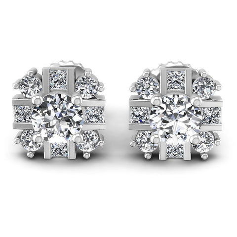 Princess and Round Diamonds 0.65CT Designer Studs Earring in 14KT White Gold