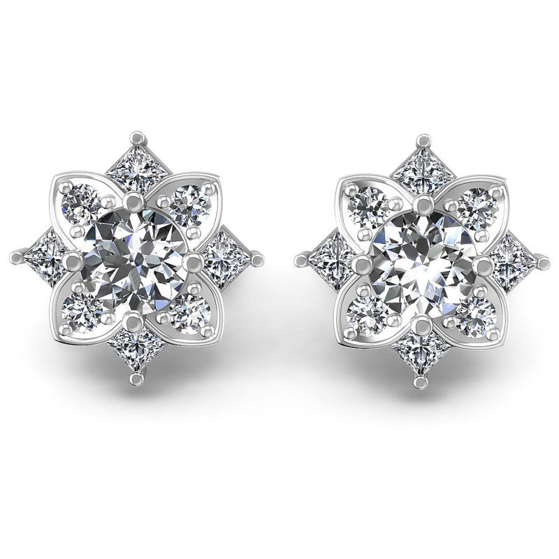 Princess and Round Diamonds 1.10CT Designer Studs Earring in 14KT White Gold