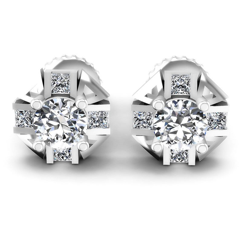 Princess and Round Diamonds 0.45CT Designer Studs Earring in 14KT White Gold