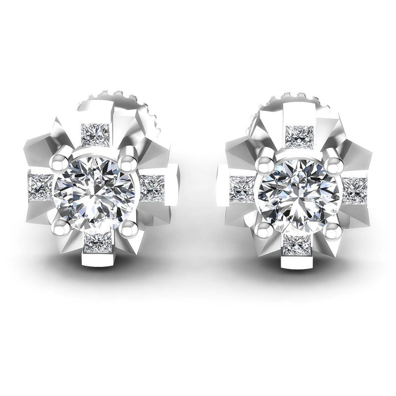 Princess and Round Diamonds 0.45CT Designer Studs Earring in 14KT White Gold