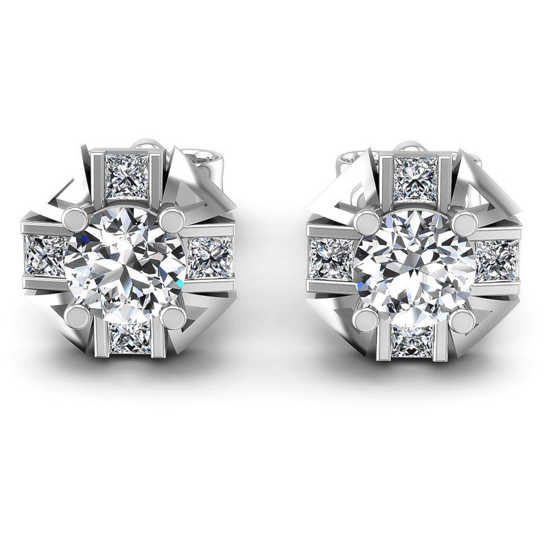 Princess and Round Diamonds 0.45CT Designer Studs Earring in 14KT White Gold