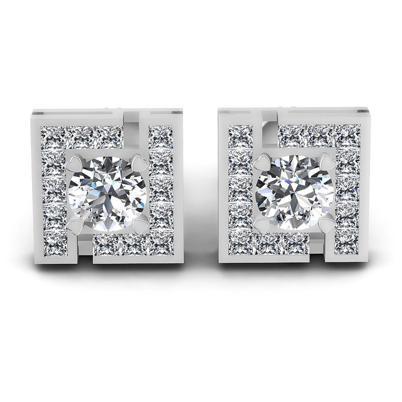 Princess and Round Diamonds 0.95CT Designer Studs Earring in 14KT White Gold