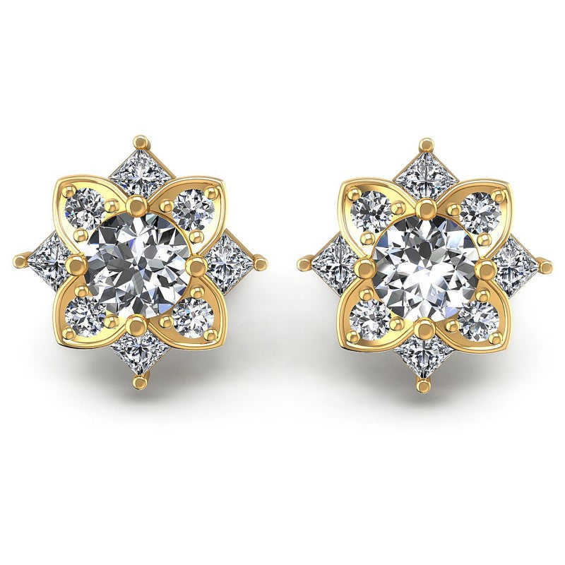 Princess and Round Diamonds 1.10CT Designer Studs Earring in 14KT White Gold