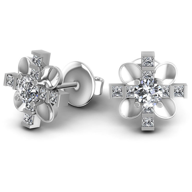 Princess and Round Diamonds 1.00CT Designer Studs Earring in 14KT Yellow Gold