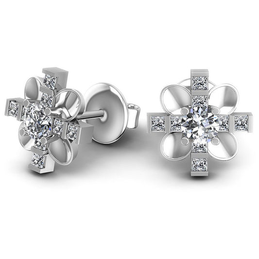 Princess and Round Diamonds 1.00CT Designer Studs Earring in 14KT Yellow Gold