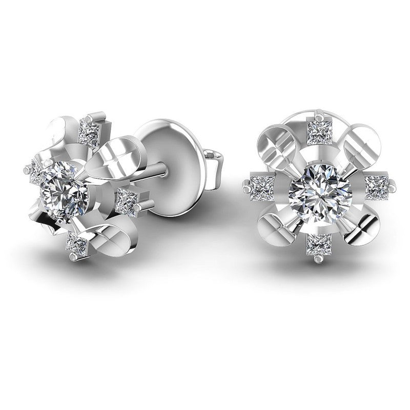 Princess and Round Diamonds 0.35CT Designer Studs Earring in 14KT Yellow Gold