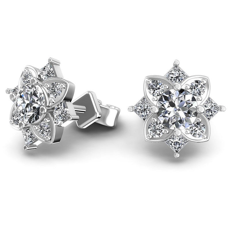 Princess and Round Diamonds 1.10CT Designer Studs Earring in 14KT Yellow Gold