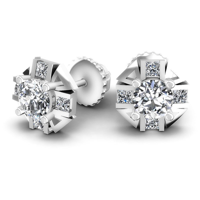 Princess and Round Diamonds 0.45CT Designer Studs Earring in 14KT Yellow Gold