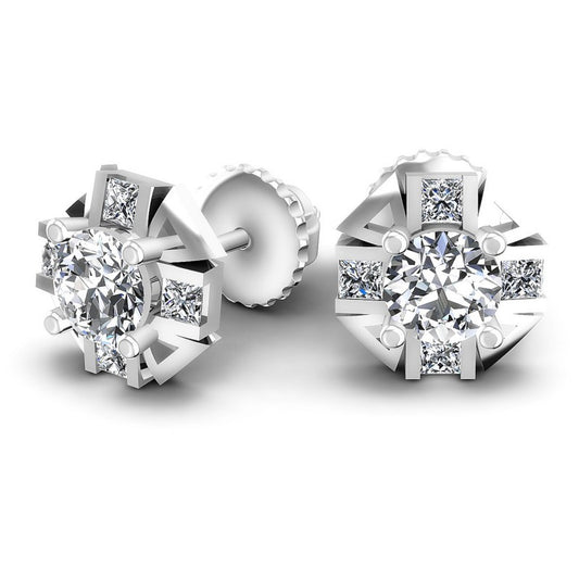 Princess and Round Diamonds 0.45CT Designer Studs Earring in 14KT Yellow Gold