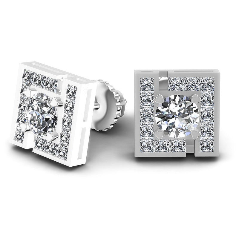 Princess and Round Diamonds 0.95CT Designer Studs Earring in 14KT Yellow Gold