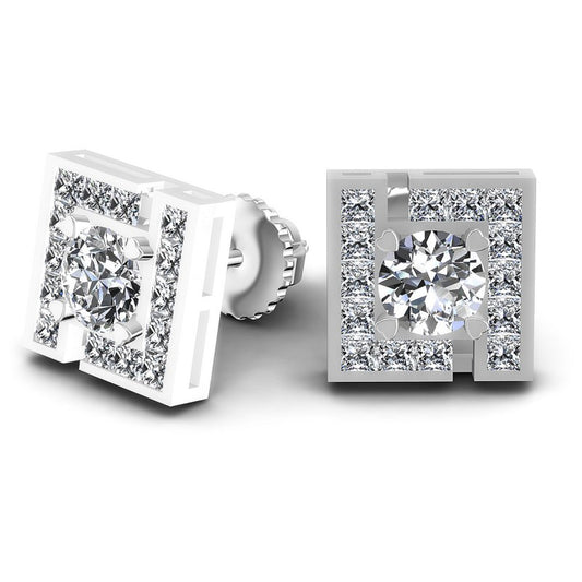 Princess and Round Diamonds 0.95CT Designer Studs Earring in 14KT Yellow Gold