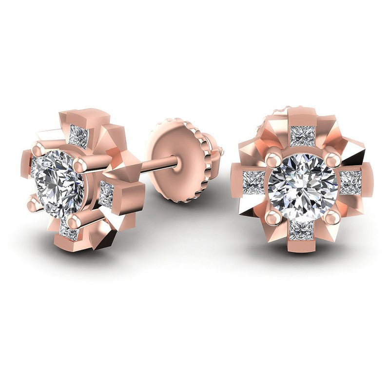 Princess and Round Diamonds 0.45CT Designer Studs Earring in 18KT Yellow Gold