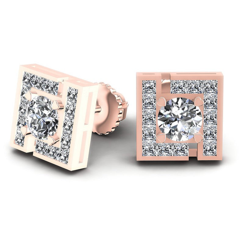 Princess and Round Diamonds 0.95CT Designer Studs Earring in 18KT Yellow Gold
