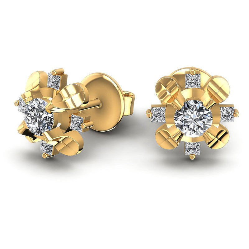 Princess and Round Diamonds 0.35CT Designer Studs Earring in 14KT Yellow Gold