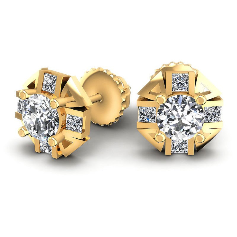 Princess and Round Diamonds 0.45CT Designer Studs Earring in 14KT Yellow Gold