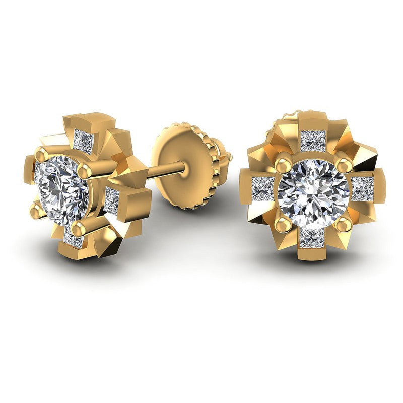 Princess and Round Diamonds 0.45CT Designer Studs Earring in 14KT Yellow Gold