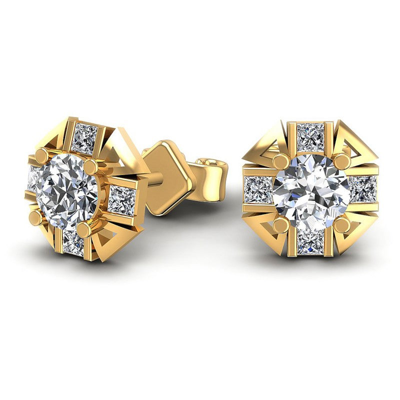 Princess and Round Diamonds 0.45CT Designer Studs Earring in 14KT Yellow Gold