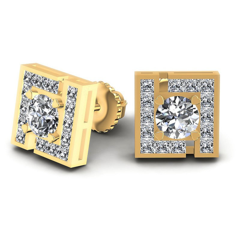 Princess and Round Diamonds 0.95CT Designer Studs Earring in 14KT Yellow Gold