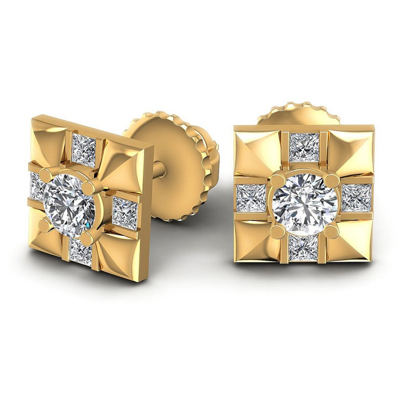 Princess and Round Diamonds 0.80CT Designer Studs Earring in 14KT Yellow Gold