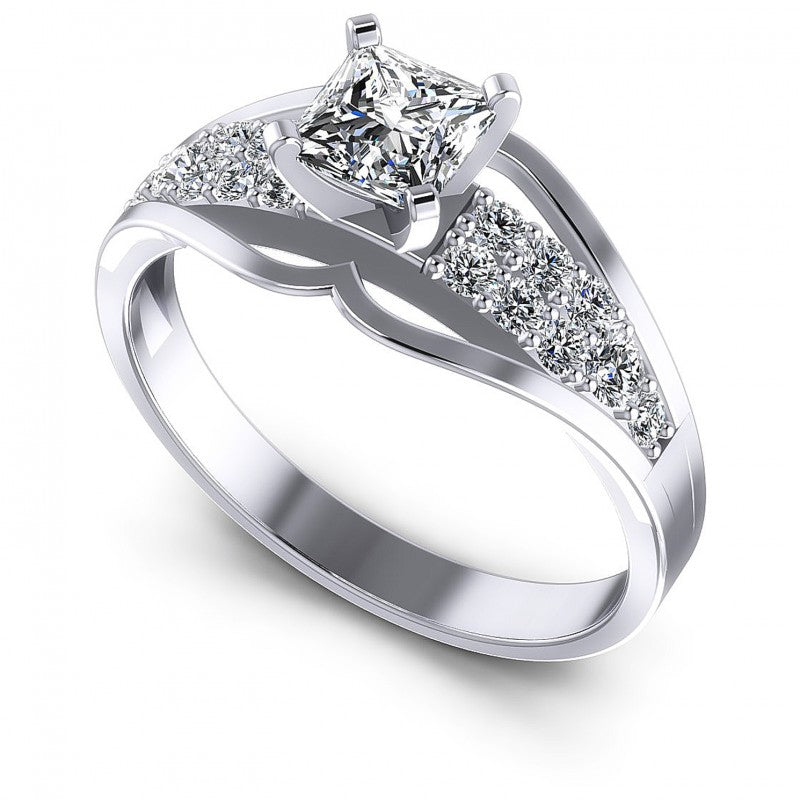 Princess and Round Diamonds 0.70CT Engagement Ring in 14KT White Gold