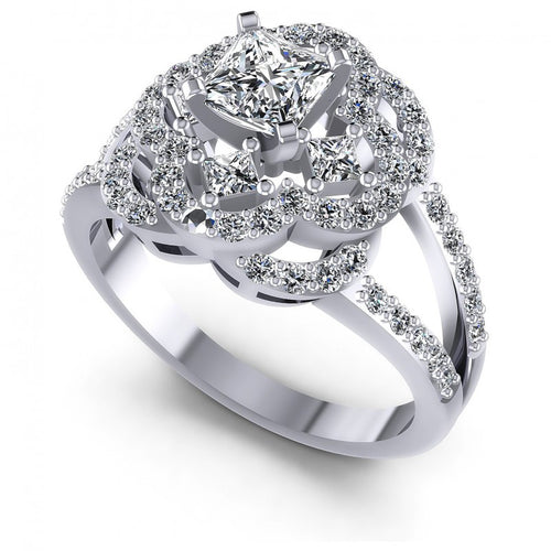 Princess and Round Diamonds 1.15CT Engagement Ring in 14KT White Gold