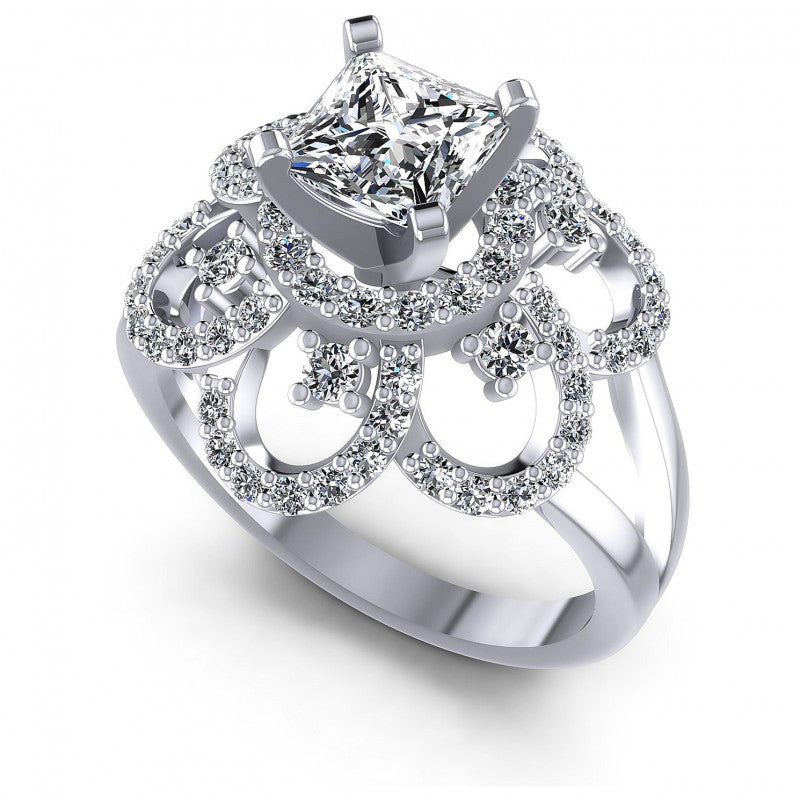 Princess and Round Diamonds 1.15CT Engagement Ring in 14KT White Gold