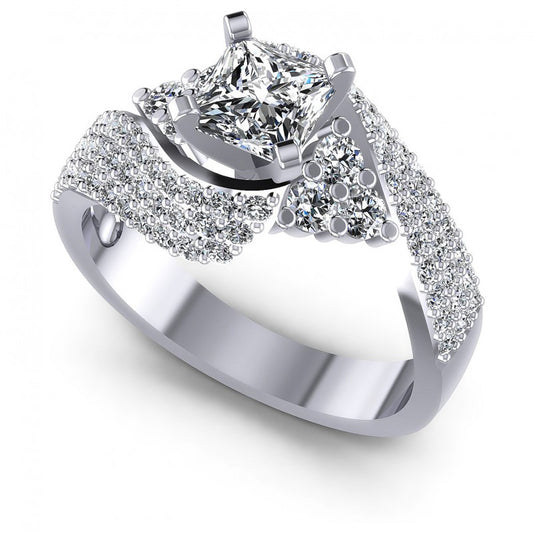 Princess and Round Diamonds 1.10CT Engagement Ring in 14KT White Gold