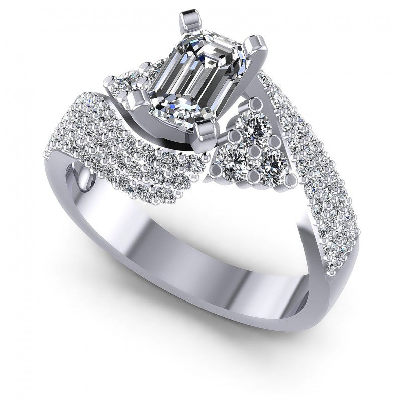 Round and Emerald Diamonds 1.10CT Engagement Ring in 14KT White Gold