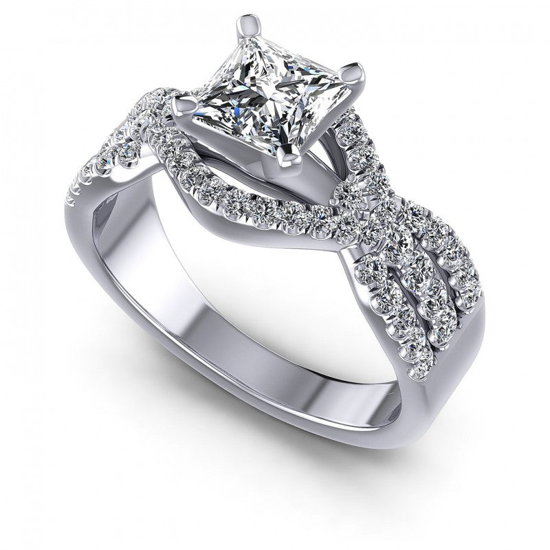 Princess and Round Diamonds 1.00CT Engagement Ring in 14KT White Gold