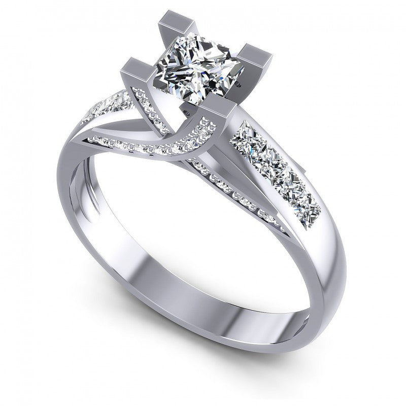 Princess and Round Diamonds 1.00CT Engagement Ring in 14KT White Gold