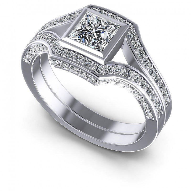 Princess and Triangle and Round Diamonds 1.15CT Engagement Ring in 14KT White Gold