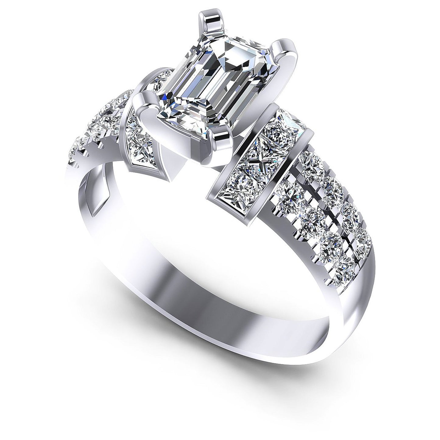 1.45CT Emerald And Princess And Round  Cut Diamonds Engagement Rings