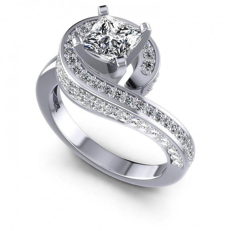 Princess and Round Diamonds 0.95CT Engagement Ring in 14KT White Gold