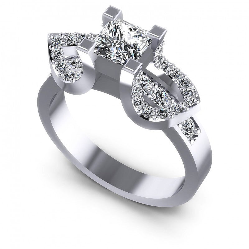 Princess and Round Diamonds 0.90CT Engagement Ring in 14KT White Gold