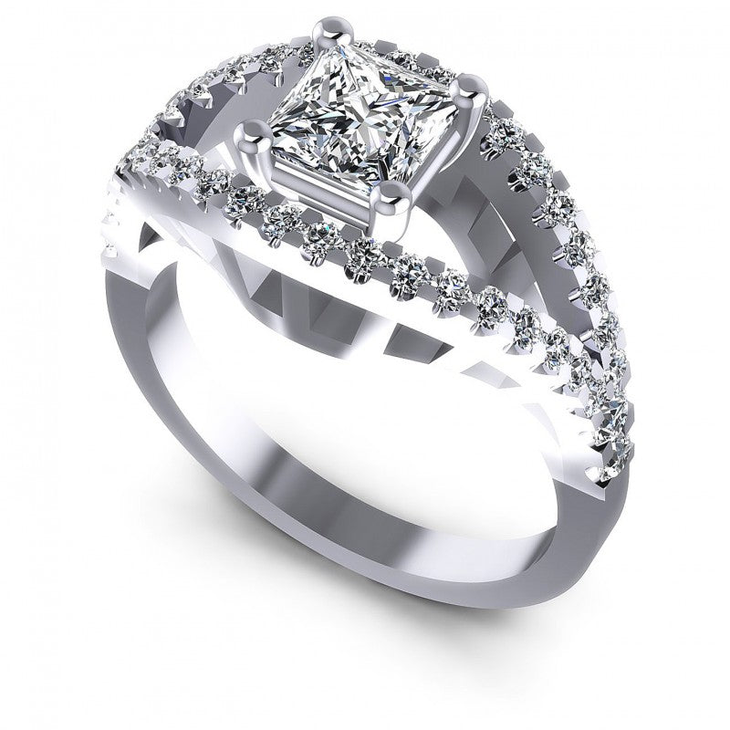 Princess and Round Diamonds 1.05CT Engagement Ring in 14KT White Gold