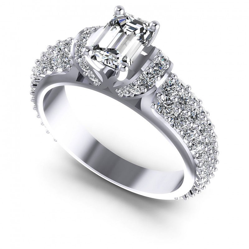 Round and Emerald Diamonds 1.35CT Engagement Ring in 14KT White Gold