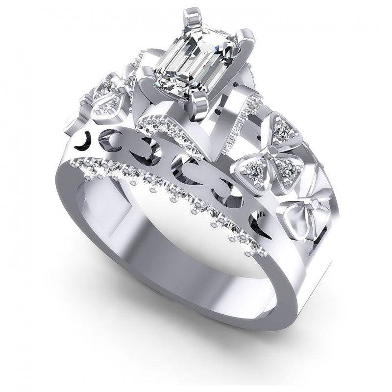 Round and Emerald Diamonds 1.10CT Engagement Ring in 14KT White Gold