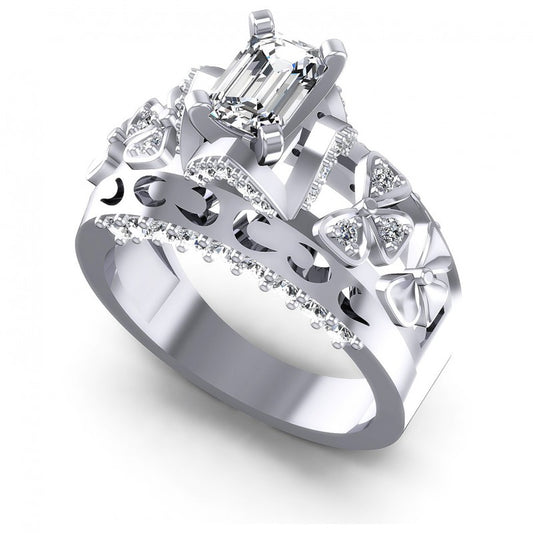 Round and Emerald Diamonds 1.10CT Engagement Ring in 14KT White Gold