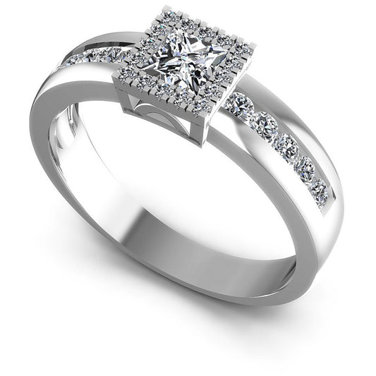 Princess And Round Cut Diamonds Halo Ring in 14KT White Gold