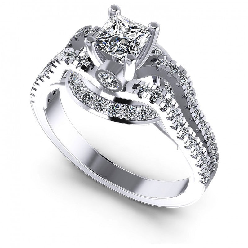 Princess and Round Diamonds 1.00CT Engagement Ring in 14KT White Gold