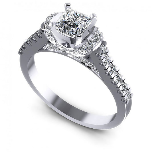 Princess and Round Diamonds 0.95CT Engagement Ring in 14KT White Gold